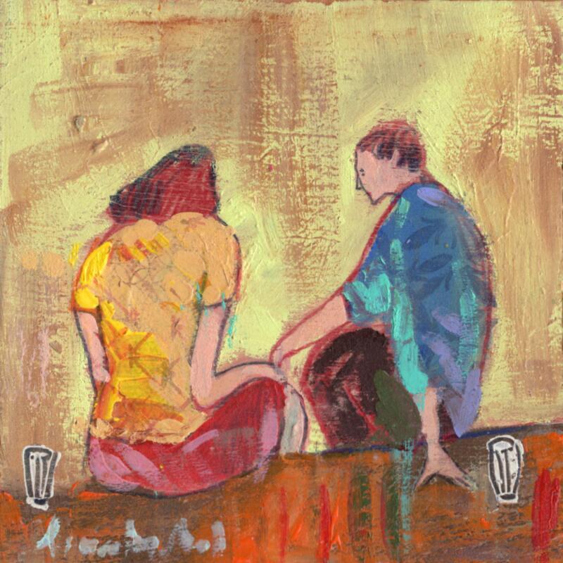 Peinture L'orangeraie, nous, Roma par Lourdes Ral | Tableau Figuratif Scènes de vie Bois Acrylique