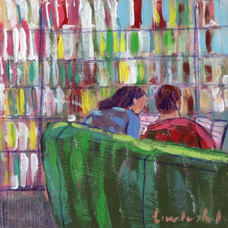 Peinture Lire ensemble comme la première fois par Lourdes Ral | Tableau Figuratif Scènes de vie Acrylique