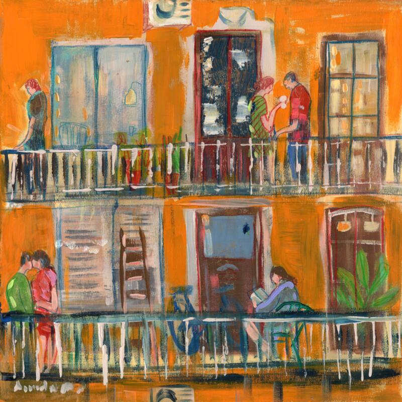 Painting Les voisins de la cour de la rue Váci, Budapest by Lourdes Ral | Painting Figurative Urban Life style Acrylic