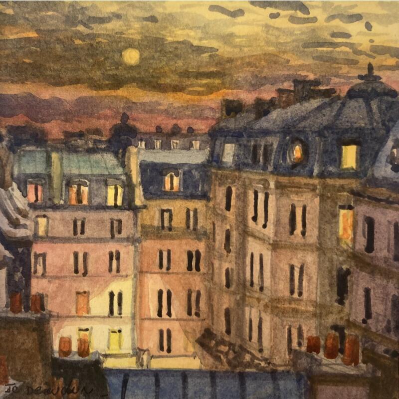 Painting Paris sous la lune by Decoudun Jean charles | Painting Figurative Urban Watercolor