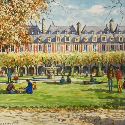 Peinture Place des Vosges en Automne par Decoudun Jean charles | Tableau Figuratif Aquarelle Urbain