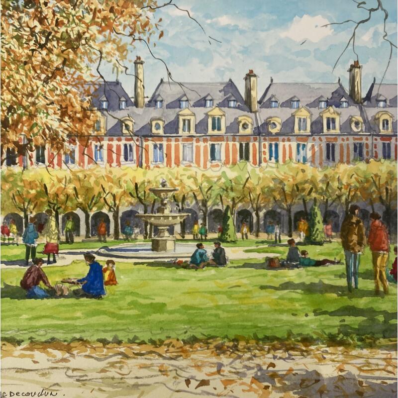 Gemälde Place des Vosges en Automne von Decoudun Jean charles | Gemälde Figurativ Urban Aquarell