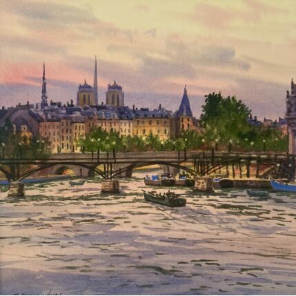 Painting La passerelle des Arts by Decoudun Jean charles | Painting Figurative Watercolor Urban