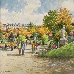 Peinture Promenade au Luxembourg par Decoudun Jean charles | Tableau Figuratif Aquarelle Urbain