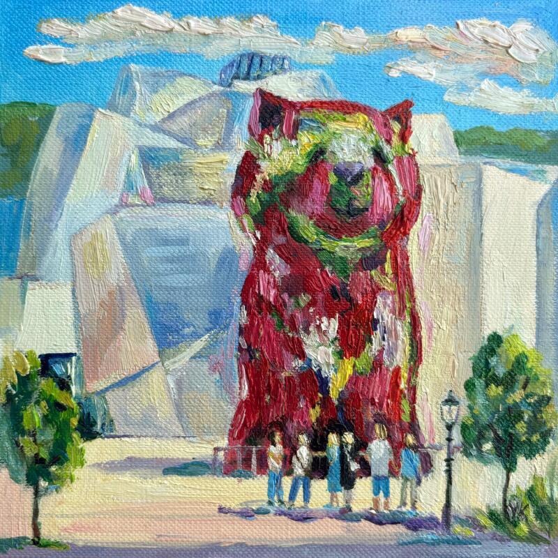 Peinture Le chiot fleuri  par Kochevykh Yulia | Tableau Art Singulier Urbain Animaux Architecture Huile Papier