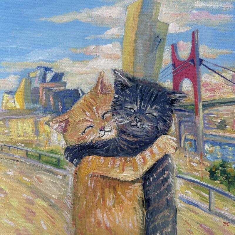 Painting Mon meilleur copain by Kochevykh Yulia | Painting Figurative Urban Animals Architecture Oil