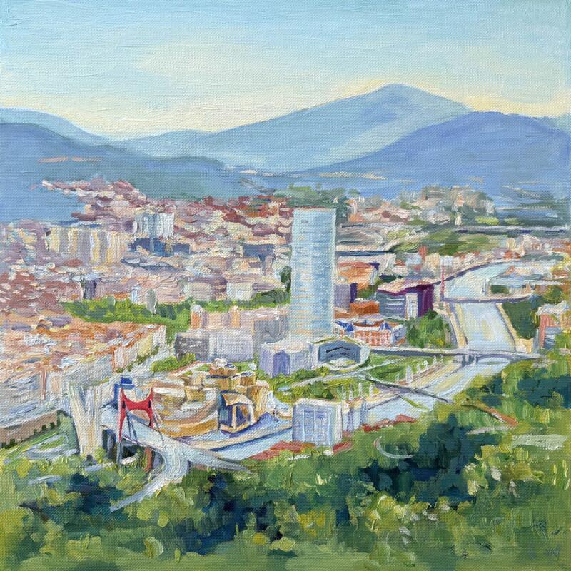 Peinture Panorama de Bilbao par Kochevykh Yulia | Tableau Réalisme Paysages Urbain Architecture Huile Papier