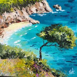 Painting Une plage cachée. by Rey Ewa | Painting Figurative Acrylic Landscapes, Pop icons