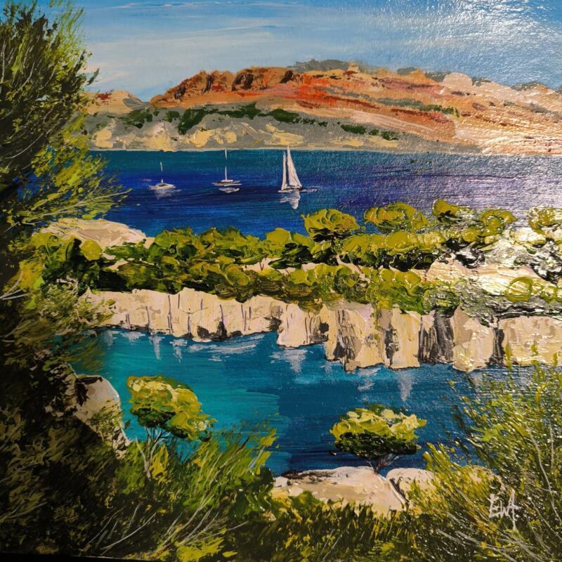 Painting Calanque de Port-Pin by Rey Ewa | Painting Figurative Landscapes Acrylic