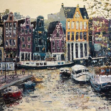 Gemälde Harbor of narrow houses von Rodrigues Bené | Gemälde Figurativ Acryl Urban