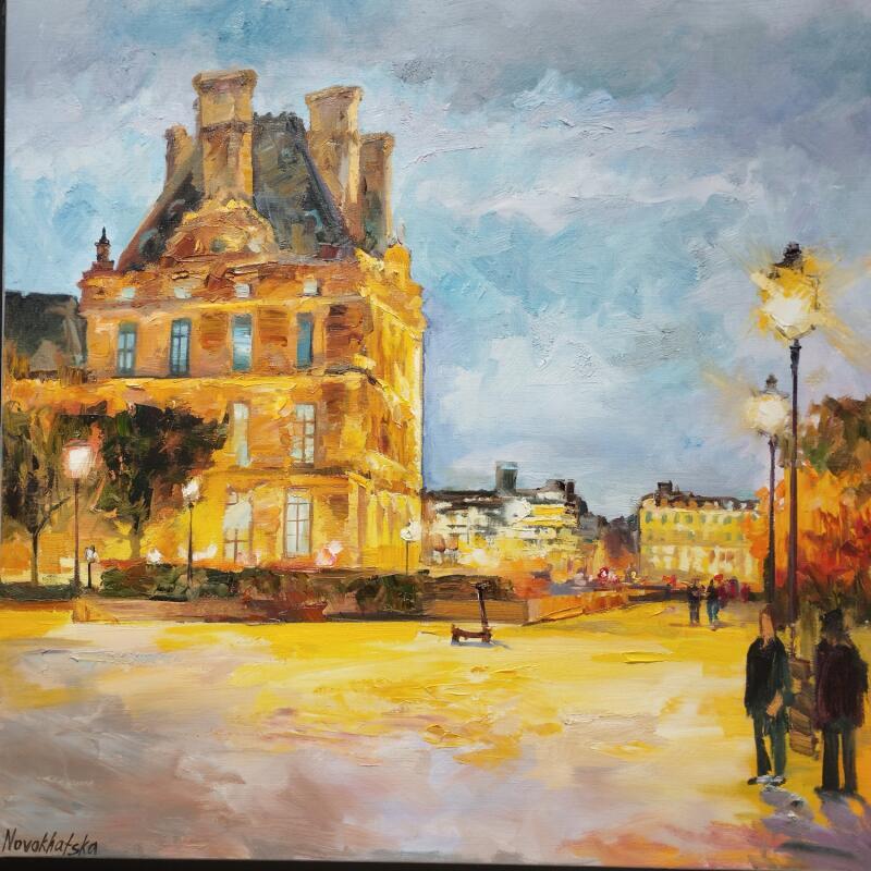 Peinture Louvre, le soir par Novokhatska Olga | Tableau Figuratif Urbain Huile Acrylique