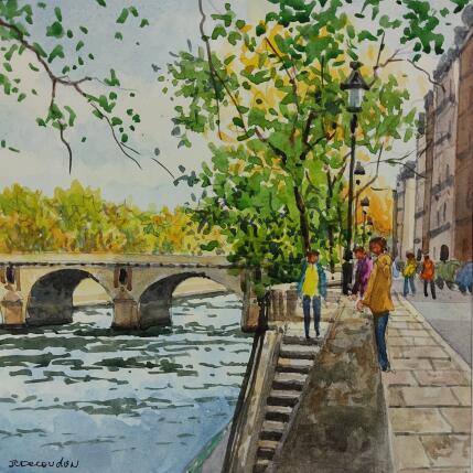 Peinture Octobre sur l'île Saint Louis par Decoudun Jean charles | Tableau Figuratif Aquarelle Urbain
