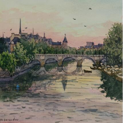 Pintura Lever du jour au Pont Neuf por Decoudun Jean charles | Pintura Figurativo Acuarela Iconos pop, Urbano
