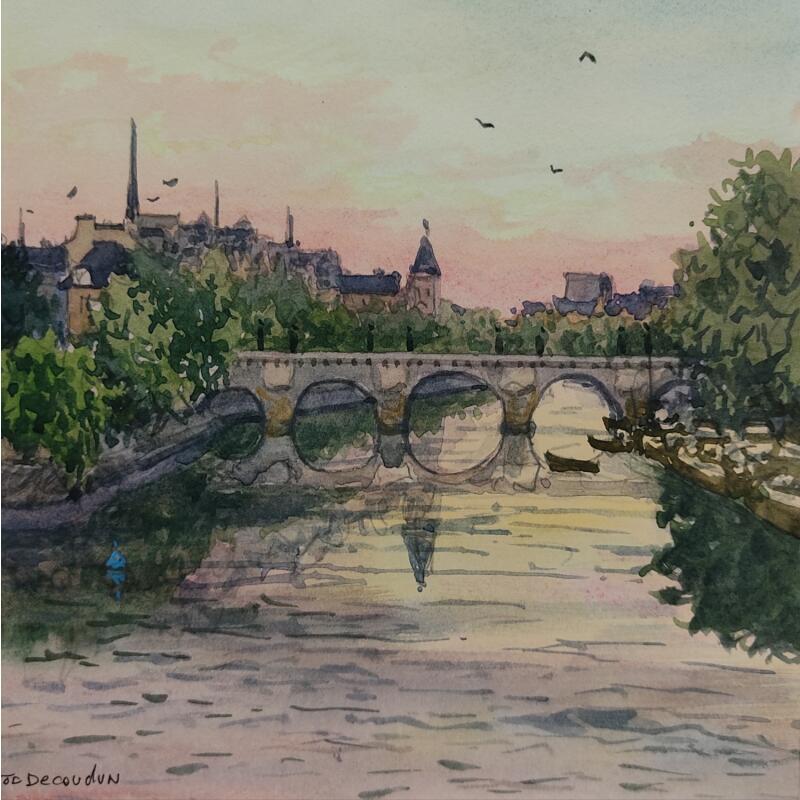 Pintura Lever du jour au Pont Neuf por Decoudun Jean charles | Pintura Figurativo Urbano Acuarela