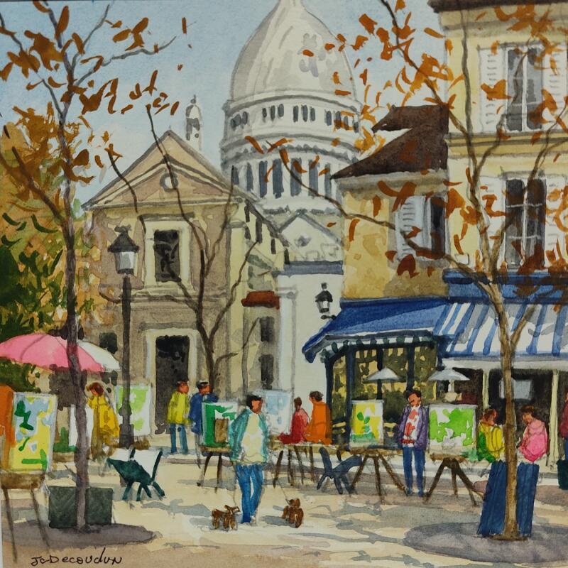Peinture La Place du Tertre à Montmartre par Decoudun Jean charles | Tableau Figuratif Urbain Aquarelle