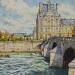 Painting Le Pont Royal et le Louvre by Decoudun Jean charles | Painting Figurative Urban Watercolor