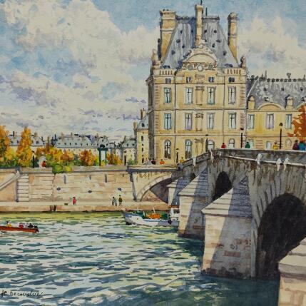 Peinture Le Pont Royal et le Louvre par Decoudun Jean charles | Tableau Figuratif Aquarelle Urbain
