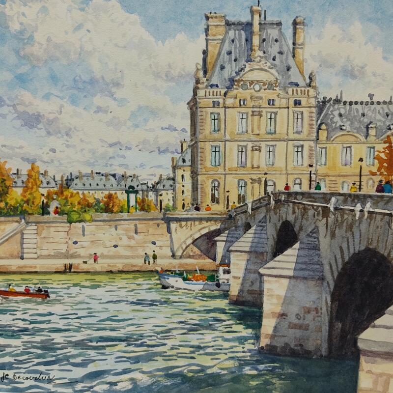 Painting Le Pont Royal et le Louvre by Decoudun Jean charles | Painting Figurative Urban Watercolor