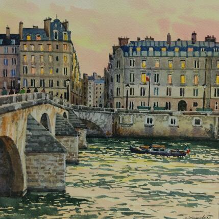 Peinture Soir au Pont Royal par Decoudun Jean charles | Tableau Figuratif Aquarelle Urbain