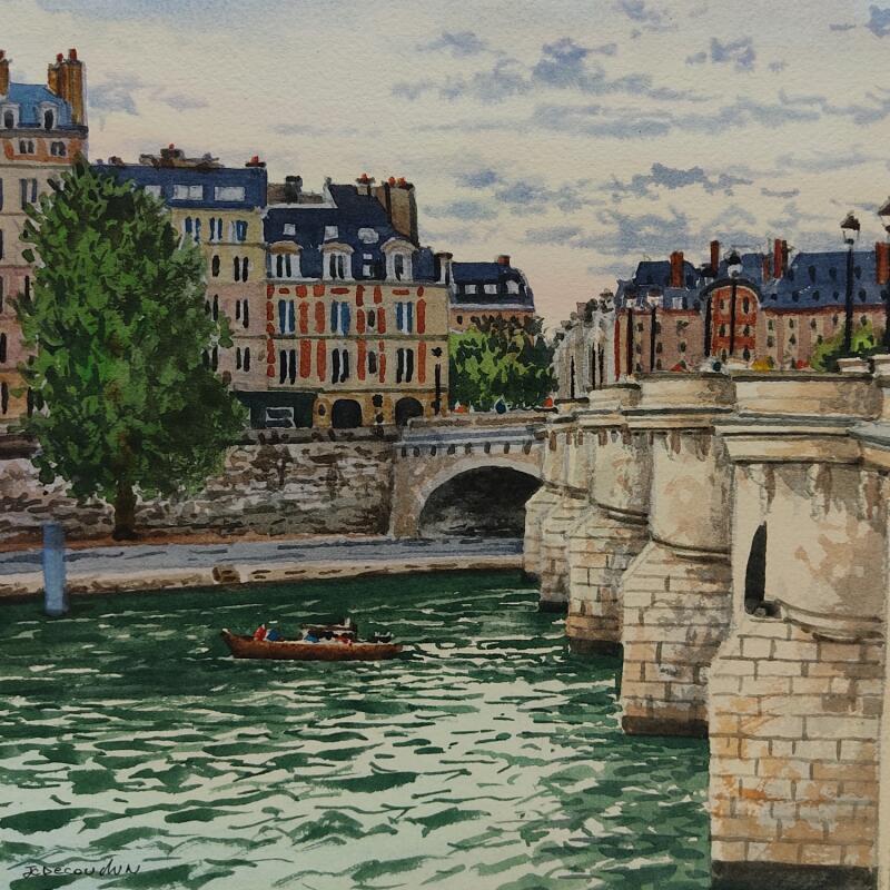 Peinture Le Pont Neuf par Decoudun Jean charles | Tableau Figuratif Urbain Aquarelle