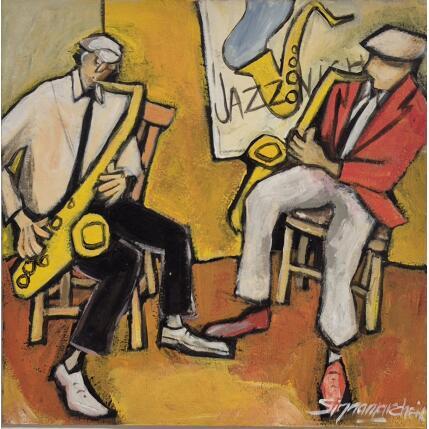 Peinture Duo de Sax par Signamarcheix Bernard | Tableau Art naïf Acrylique, Encre, Pastel