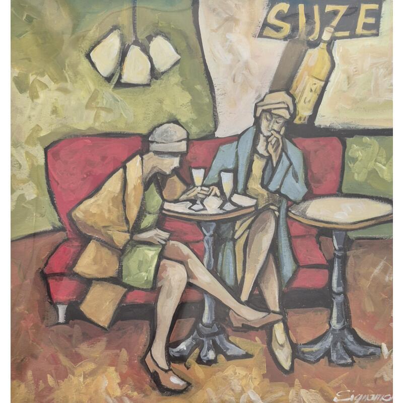 Peinture Le café Art Nouveau par Signamarcheix Bernard | Tableau Art naïf Acrylique Encre Pastel