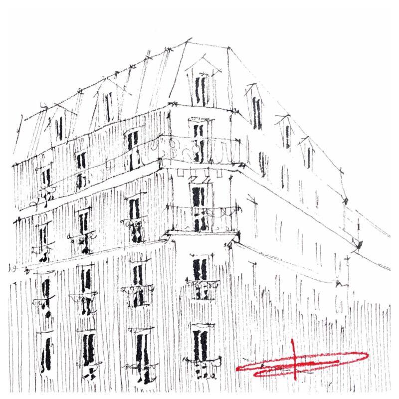 Peinture Minuit sur les zincs par Bailly Kévin  | Tableau Figuratif Urbain Architecture Aquarelle Encre