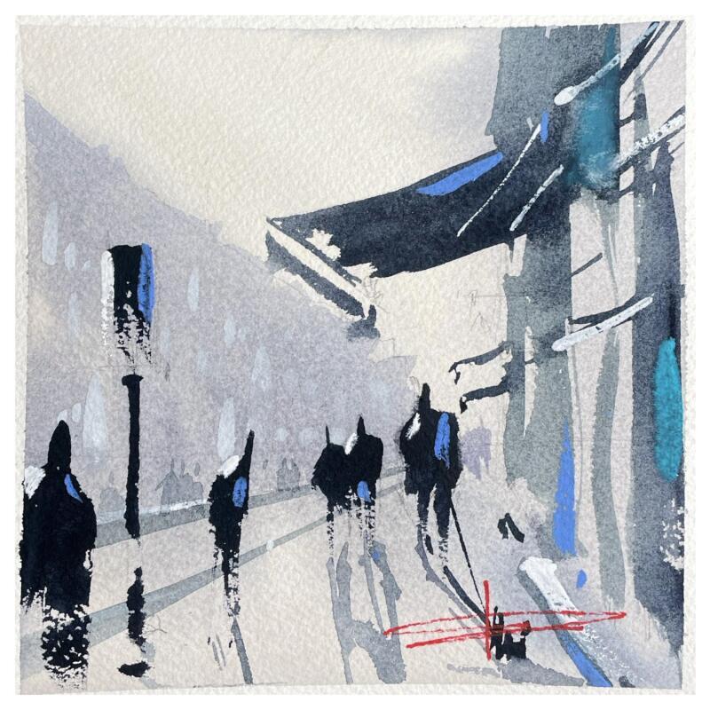 Peinture Paris monochrome par Bailly Kévin  | Tableau Figuratif Urbain Architecture Aquarelle Encre