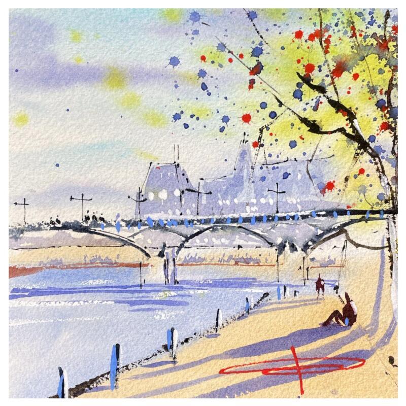 Peinture Sous les ponts, sécoule la Seine par Bailly Kévin  | Tableau Figuratif Urbain Architecture Aquarelle Encre