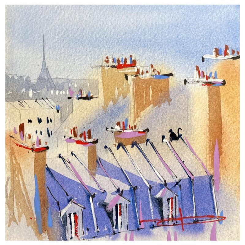 Peinture Le murmure des toits par Bailly Kévin  | Tableau Figuratif Urbain Architecture Aquarelle Encre