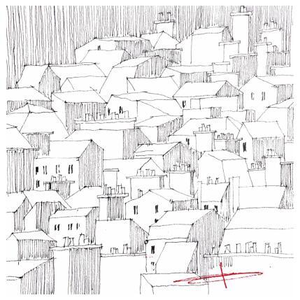 Peinture Toits cubistes de Paris par Bailly Kévin  | Tableau Figuratif Aquarelle, Encre Architecture, Urbain