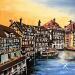 Pintura Coucher de soleil sur le pont Saint-Martin à Strasbourg por Touras Sophie-Kim  | Pintura Realismo Naturalezas muertas Aceite