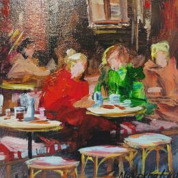 Peinture Café entre amis par Novokhatska Olga | Tableau Figuratif Acrylique, Huile Urbain