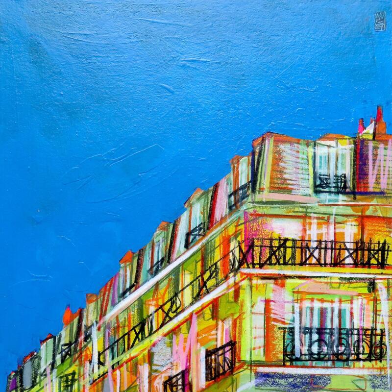 Painting La fenêtre capture un vol de papillons by Anicet Olivier | Painting Figurative Urban Architecture Acrylic Pastel