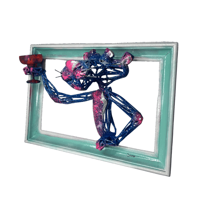 Sculpture PANTHERE ROSE TCHIN ! NUIT BLEUTÉE by Shenoda | Sculpture Pop-art Graffiti Resin
