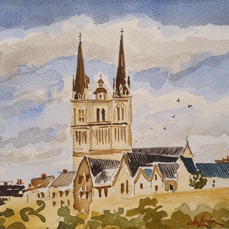 Gemälde Cathédrale et toits d'ardoise von De León Lévi Marcelo | Gemälde Figurativ Urban Aquarell