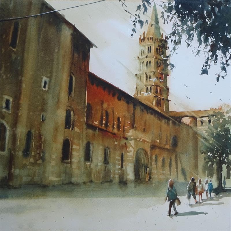 Gemälde Les pèlerins de Saint-Serin von Abbatucci Violaine | Gemälde Figurativ Urban Alltagsszenen Aquarell