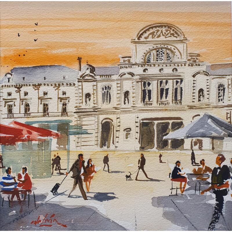 Painting Place au soleil by De León Lévi Marcelo | Painting Figurative Urban Watercolor