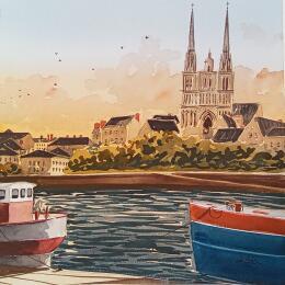 Painting Face aux péniches by De León Lévi Marcelo | Painting Figurative Watercolor Urban