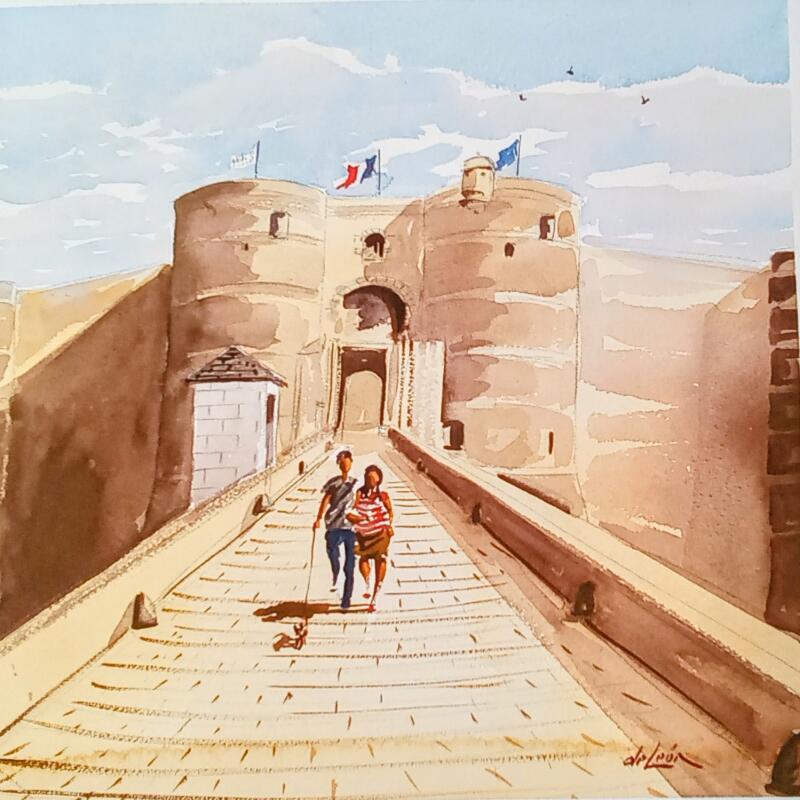 Painting Le pont du château by De León Lévi Marcelo | Painting Figurative Urban Watercolor