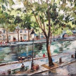 Peinture Canal Saint-Martin par Novokhatska Olga | Tableau Figuratif Acrylique, Huile Urbain