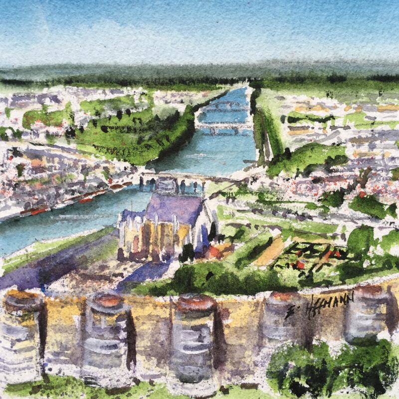 Peinture Angers château panorama par Hoffmann Elisabeth | Tableau Figuratif Urbain Aquarelle