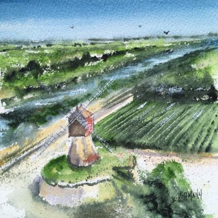 Painting Anjou moulin sentinelle au cœur des vignes by Hoffmann Elisabeth | Painting Figurative Watercolor Landscapes, Nature, Urban