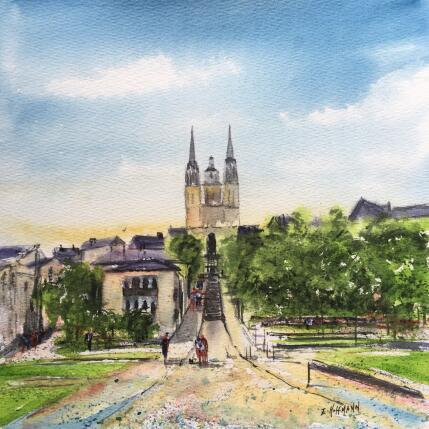 Painting Angers Saint-Maurice montée vers la flèche by Hoffmann Elisabeth | Painting Figurative Watercolor Urban