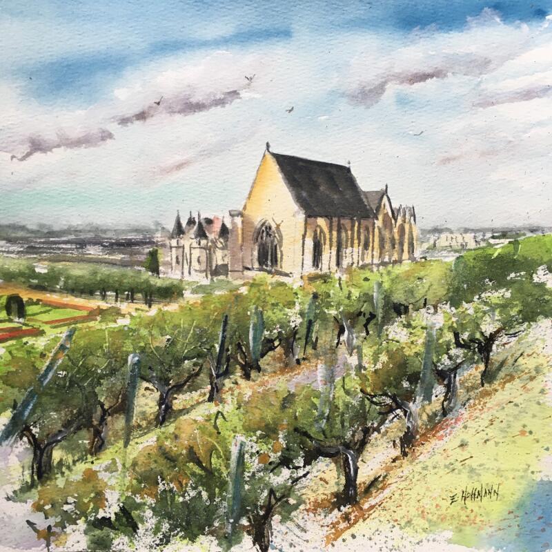 Peinture Angers château vignes dans les jardins par Hoffmann Elisabeth | Tableau Figuratif Urbain Aquarelle