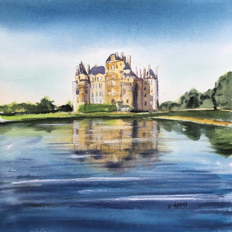 Peinture Anjou château de Brissac sur l'eau par Hoffmann Elisabeth | Tableau Figuratif Urbain Aquarelle