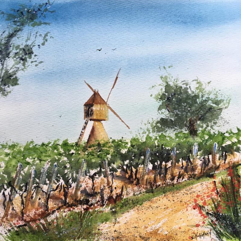 Peinture Anjou moulin du vin et du vent par Hoffmann Elisabeth | Tableau Figuratif Urbain Aquarelle
