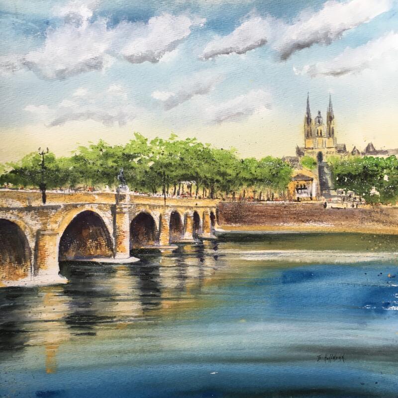 Peinture Angers au fil de l'eau et de l'histoire par Hoffmann Elisabeth | Tableau Figuratif Urbain Aquarelle