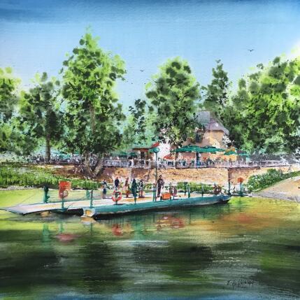 Peinture Anjou île Saint-Aubin et son bac à chaîne par Hoffmann Elisabeth | Tableau Figuratif Aquarelle Urbain