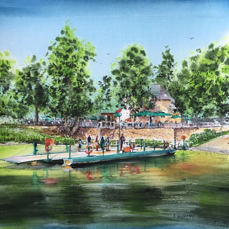 Peinture Anjou île Saint-Aubin et son bac à chaîne par Hoffmann Elisabeth | Tableau Figuratif Urbain Aquarelle